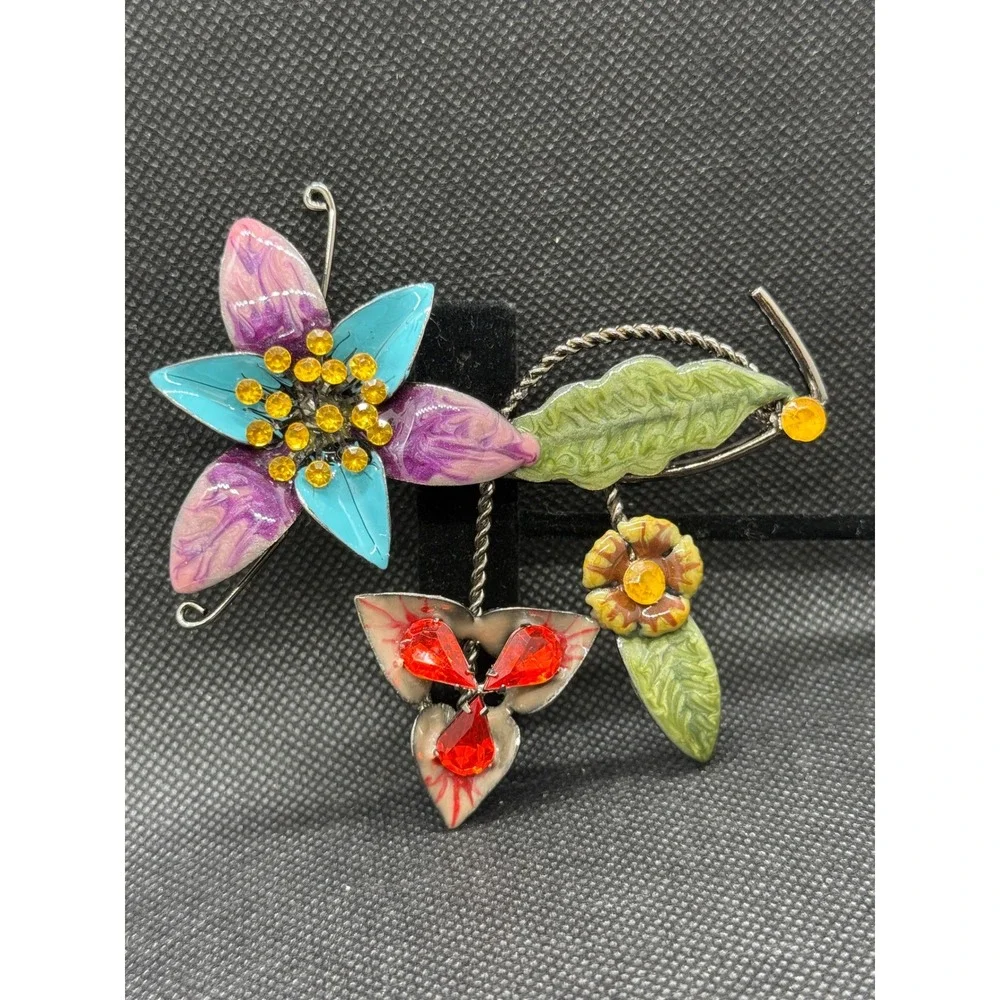 Vintage Style Enamel Flower Bouquet Brooch Rhinestone Floral Statement Pin